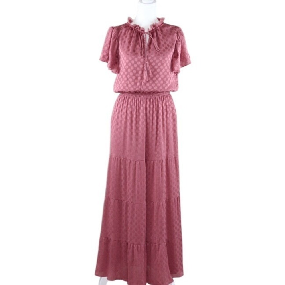 Max Studio Mauve Pink Polka Dot Jacquard Tiered Maxi Dress Small NWT